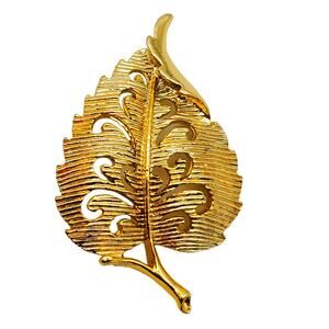 Gerrys Gold Leaf Brooch Open Work Stem Vintage 1970s Pin Signed Jewelry